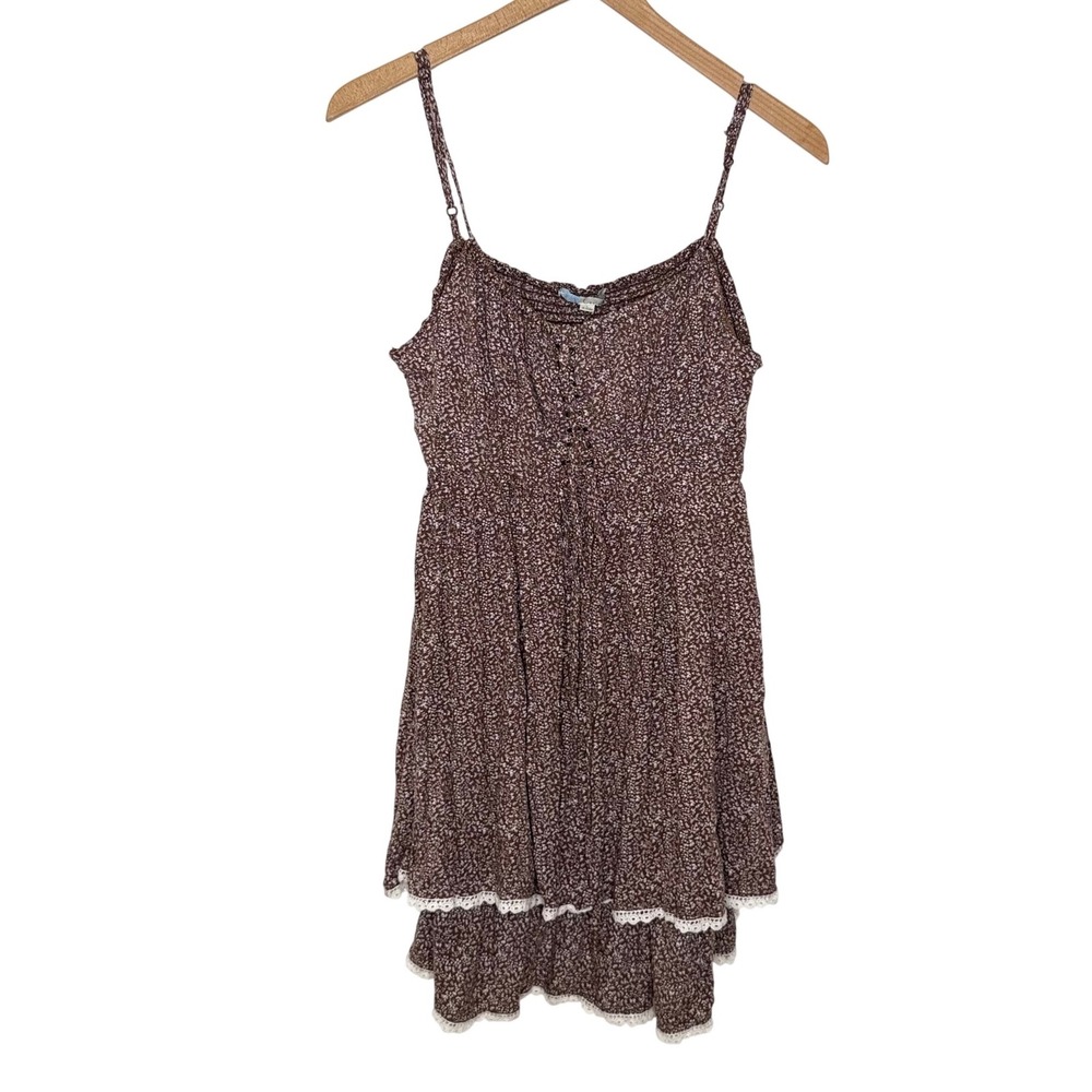 Brown Floral Lace Up Mini Autumn Wedding Guest Dress Lg Y2K Babydoll Cottagecore